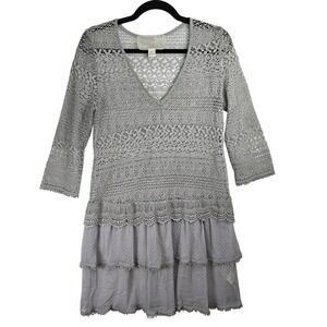 Anthropologie Nick &‎ Mo Grey Lace Knit Tunic Dress 3/4 Sleeve Boho Size S